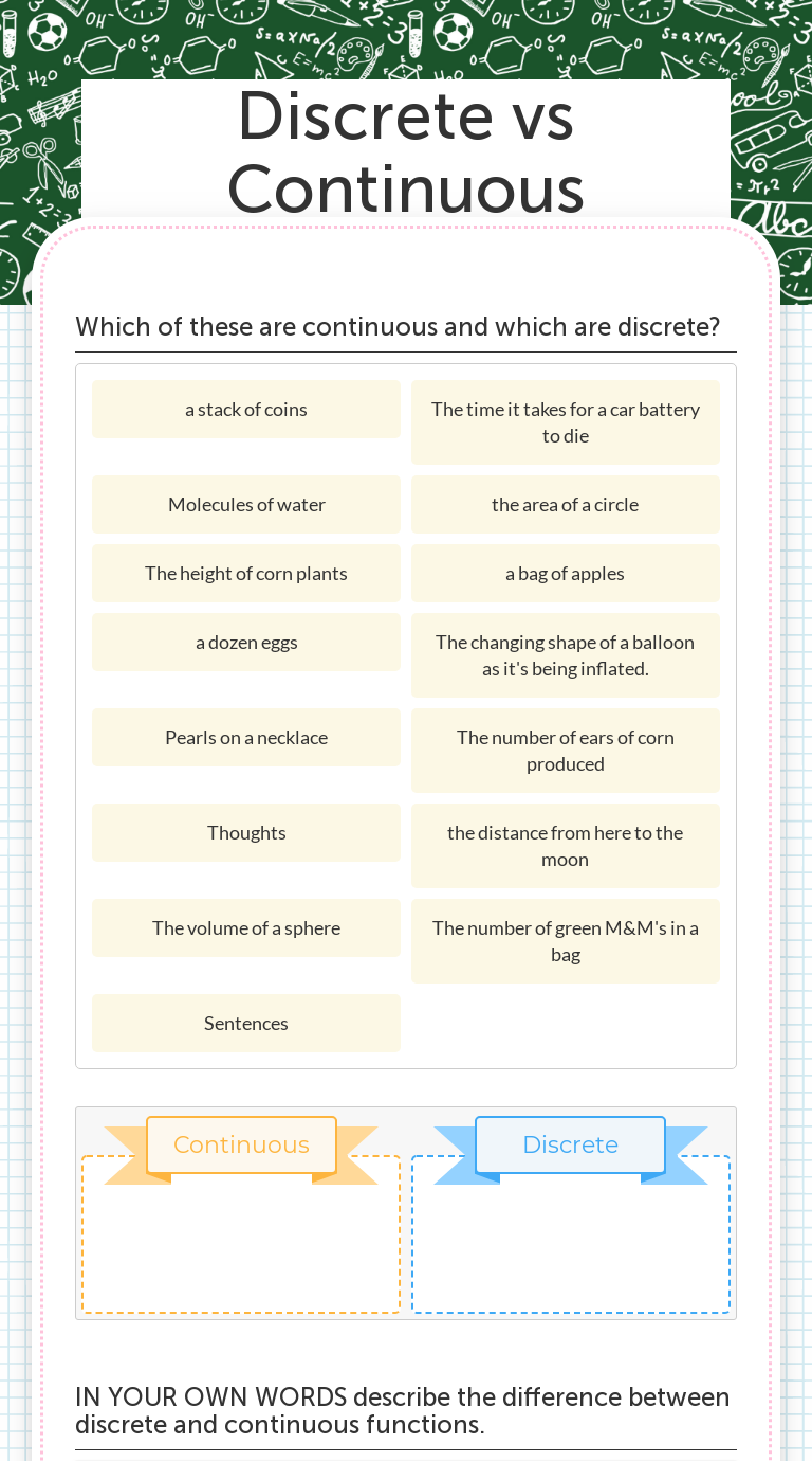 Discrete vs Continuous | Interactive Worksheet by Jennifer Cook | Wizer.me