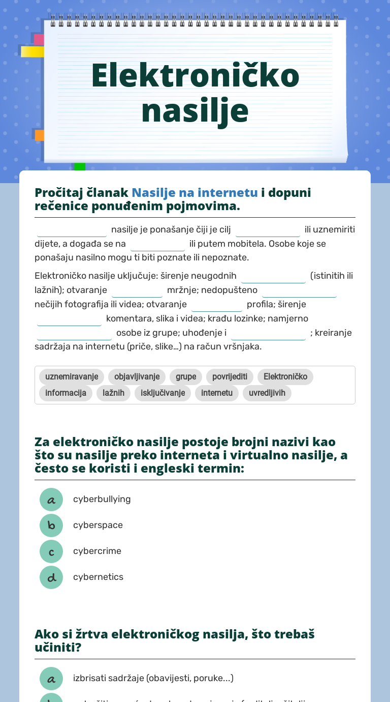 Elektronicko Nasilje Interactive Worksheet By Sabina Brojan Marusic Wizer Me