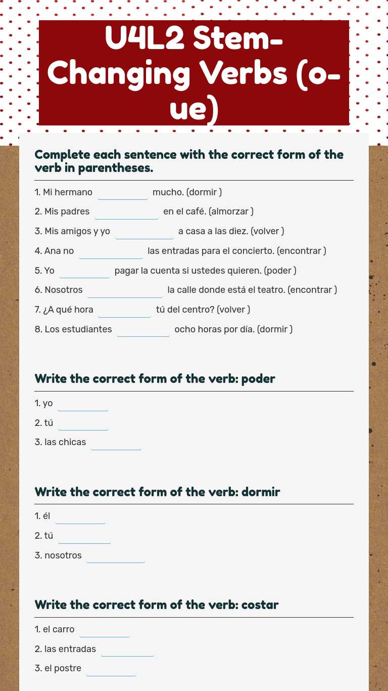 u4l2 stem changing verbs o ue interactive worksheet by ms campos wizer me