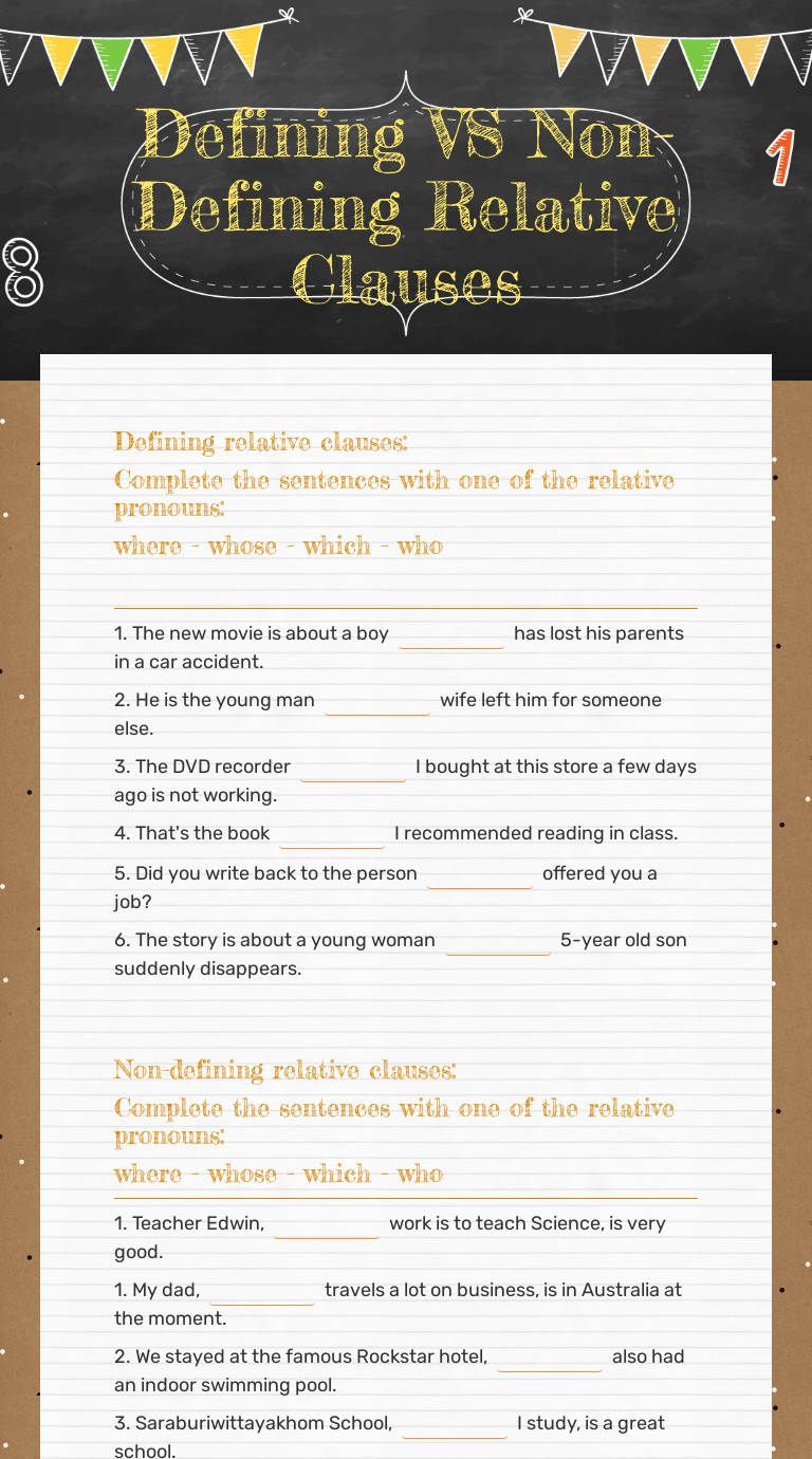 Defining VS Non-Defining Relative Clauses | Interactive Worksheet by ...
