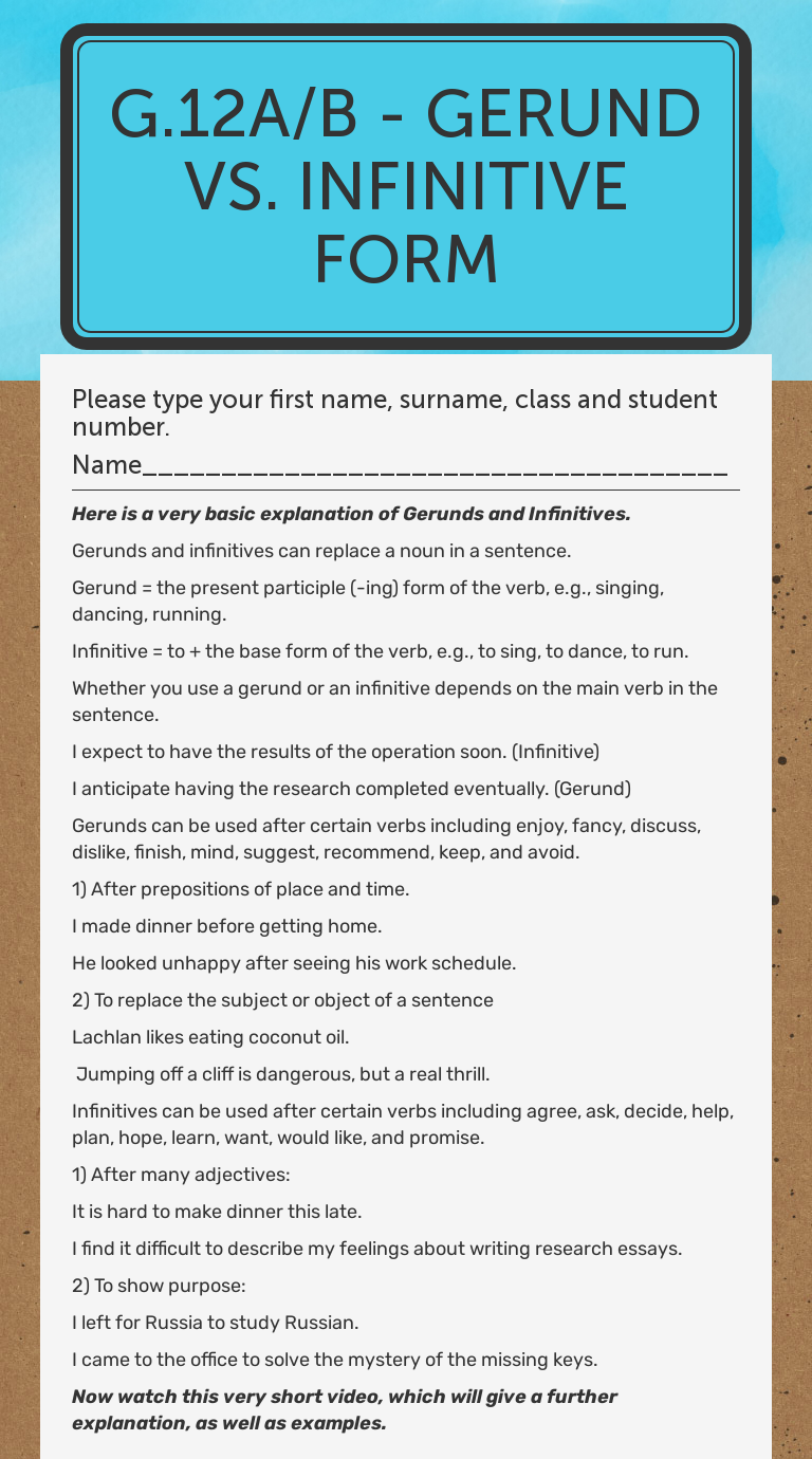 G.12A/B - Gerund Vs. Infinitive Form | Interactive Worksheet By Paul ...