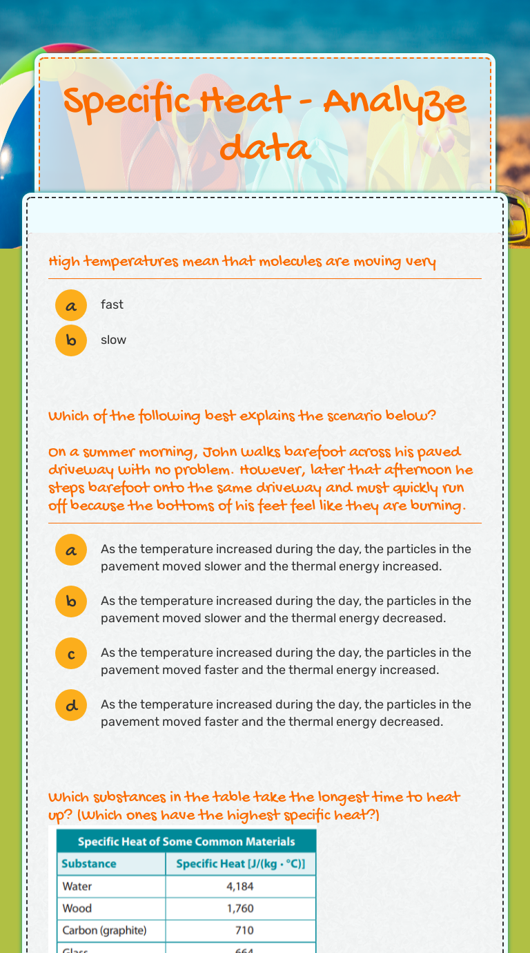 Specific Heat - Analyze data Grade 9 worksheet preview