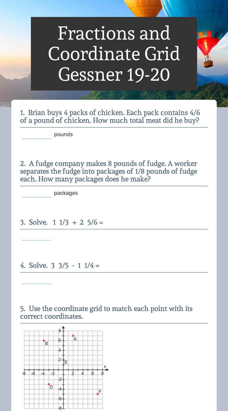 Fractions and Coordinate Grid Gessner 19-20 Grade 6 worksheet preview