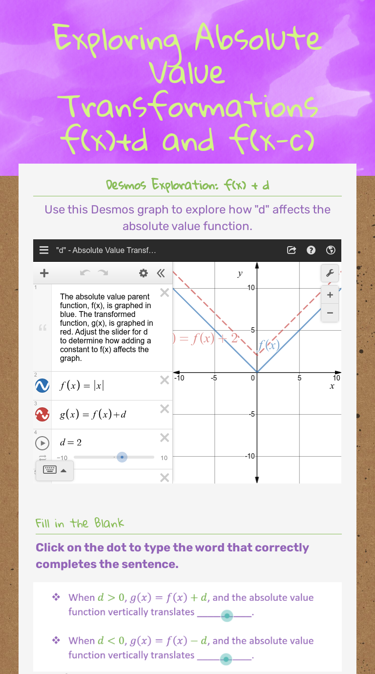 Exploring Absolute Value Transformations f(x)+d and f(x-c) worksheet preview image