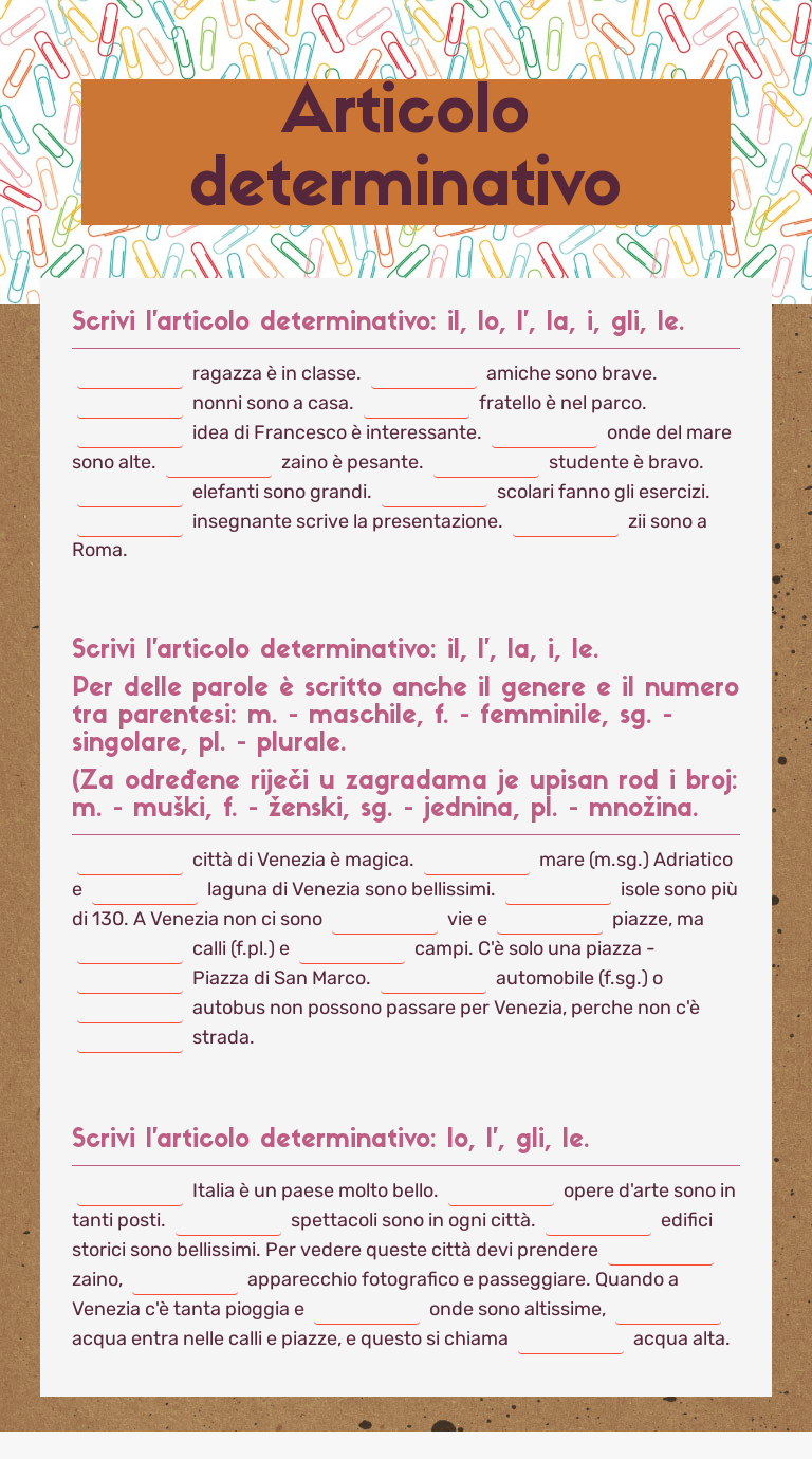 Articolo determinativo worksheet preview image