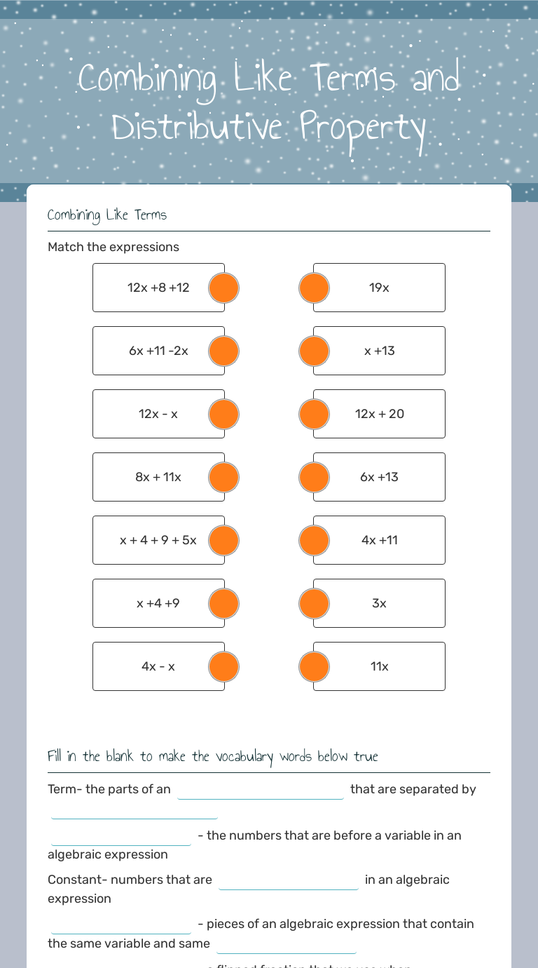 Combining Like Terms And Distributive Property Interactive Worksheet By Annie Green Wizer Me