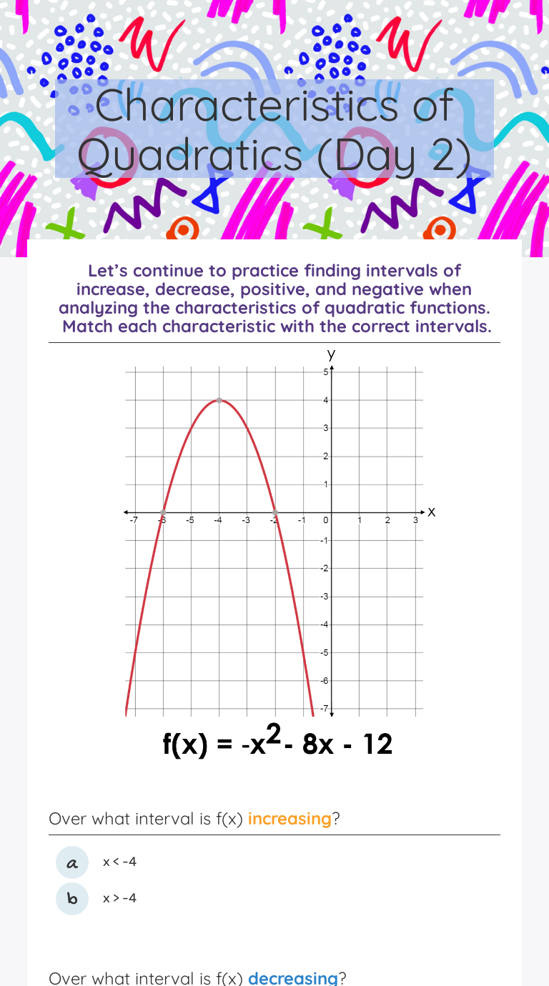 Characteristics of Quadratics (Day 21)  Interactive Worksheet by For Characteristics Of Functions Worksheet