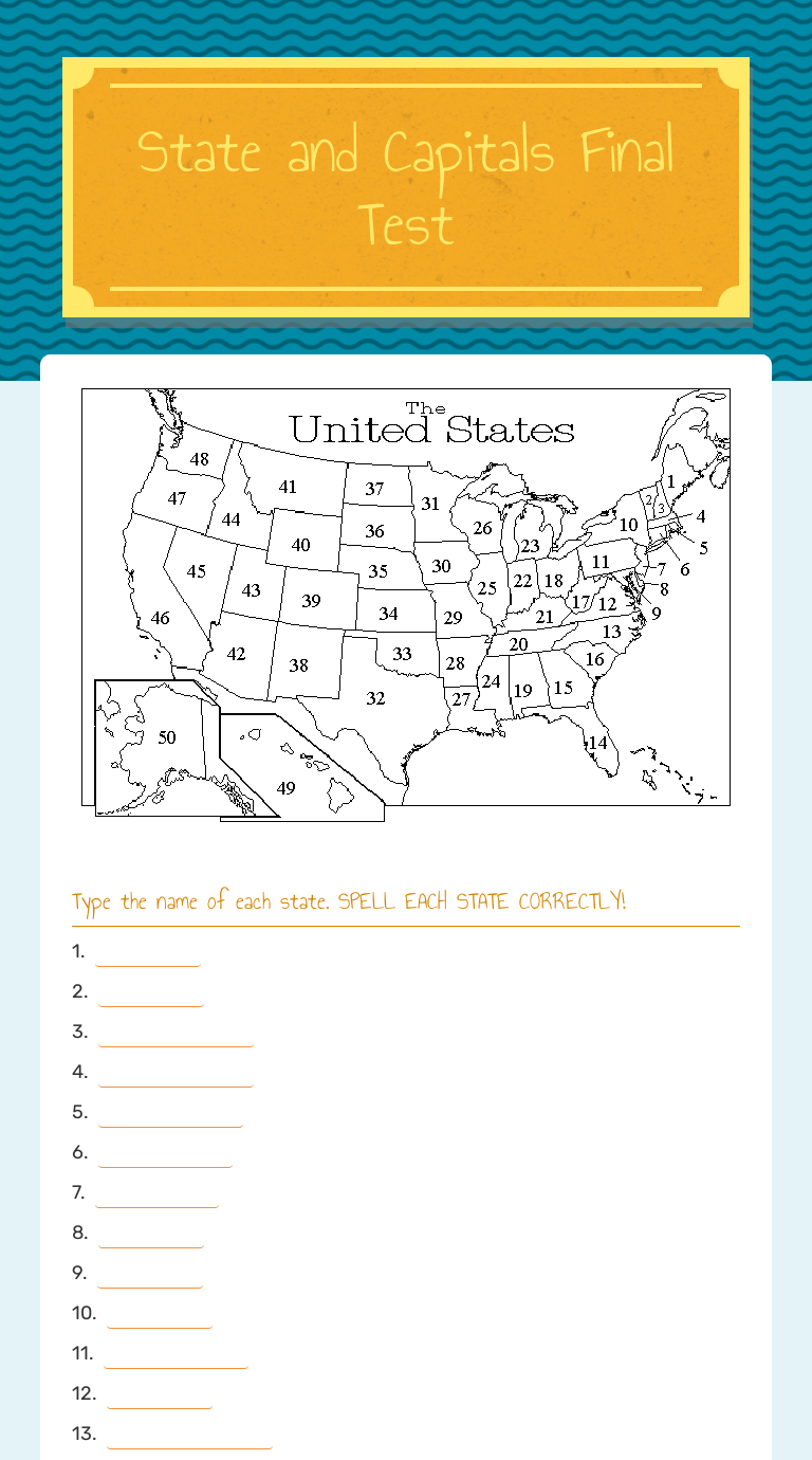 State And Capitals Final Test Interactive Worksheet By Katie Holtz