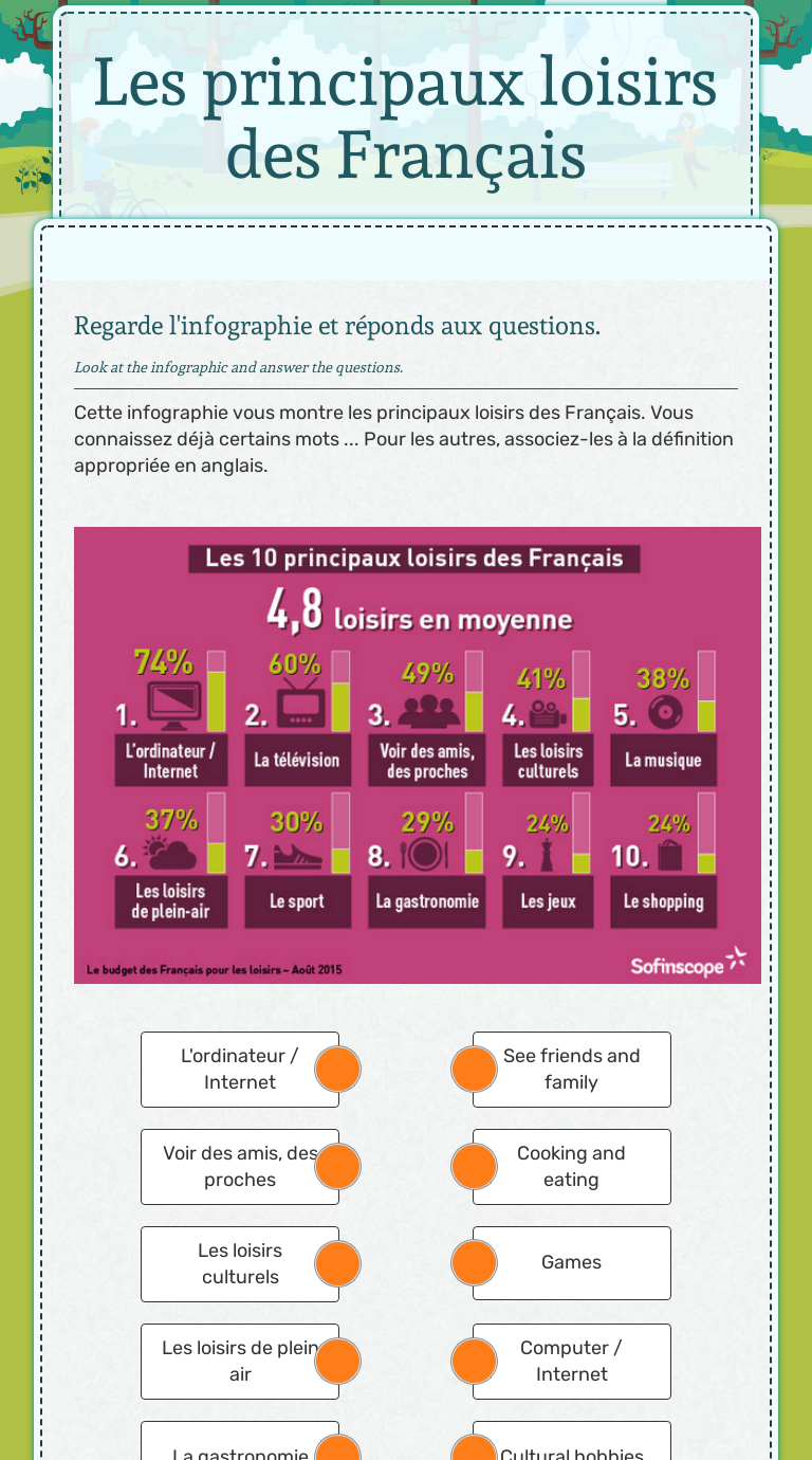 Les principaux loisirs des Français worksheet preview image