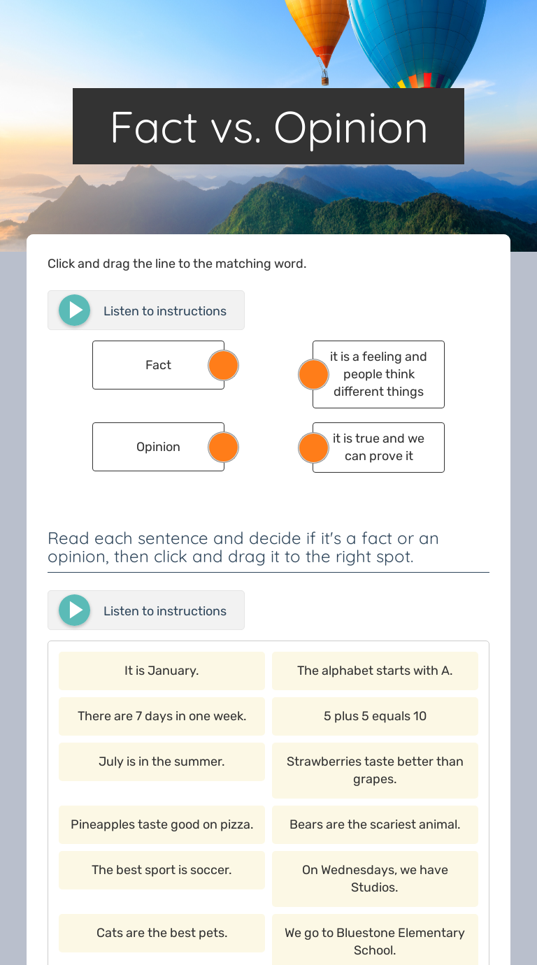 Fact vs. Opinion Interactive Worksheet by Kendra Brumbarger Wizer.me