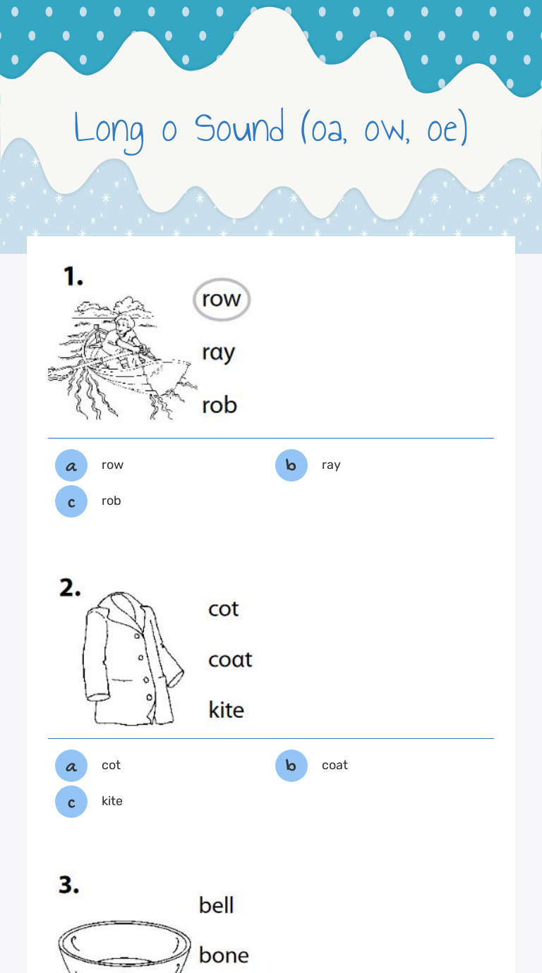 Long o Sound (oa, ow, oe) worksheet preview image