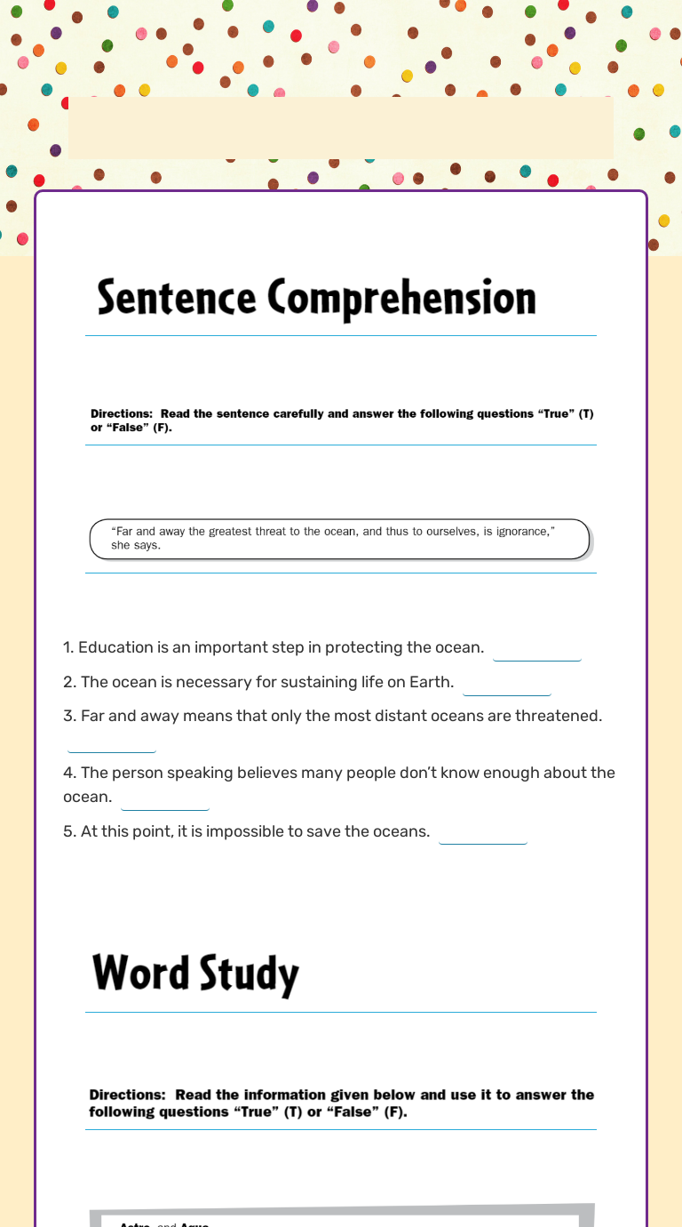 Lesson 8: Sentence Comprehension and Word Study Grade 6 worksheet preview