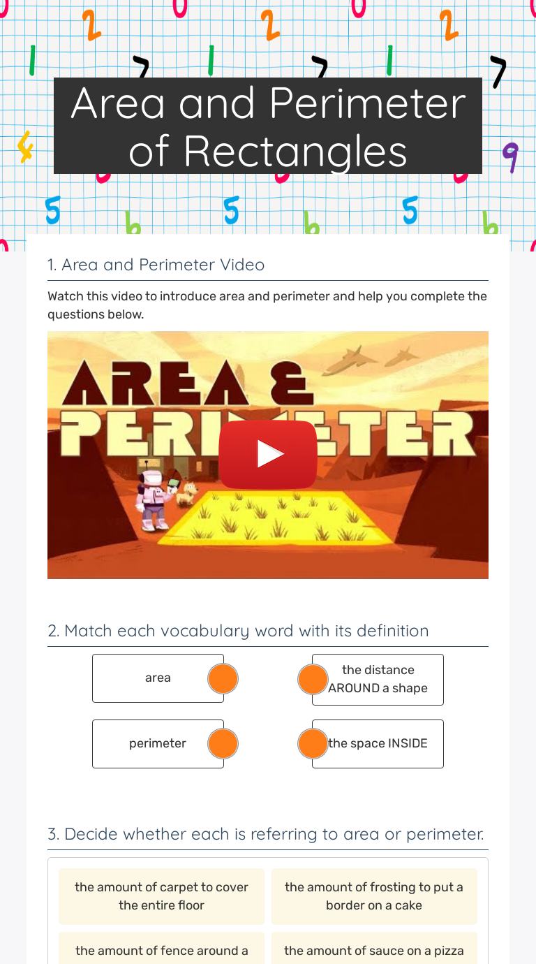 Area and Perimeter of Rectangles Grade 6 worksheet preview