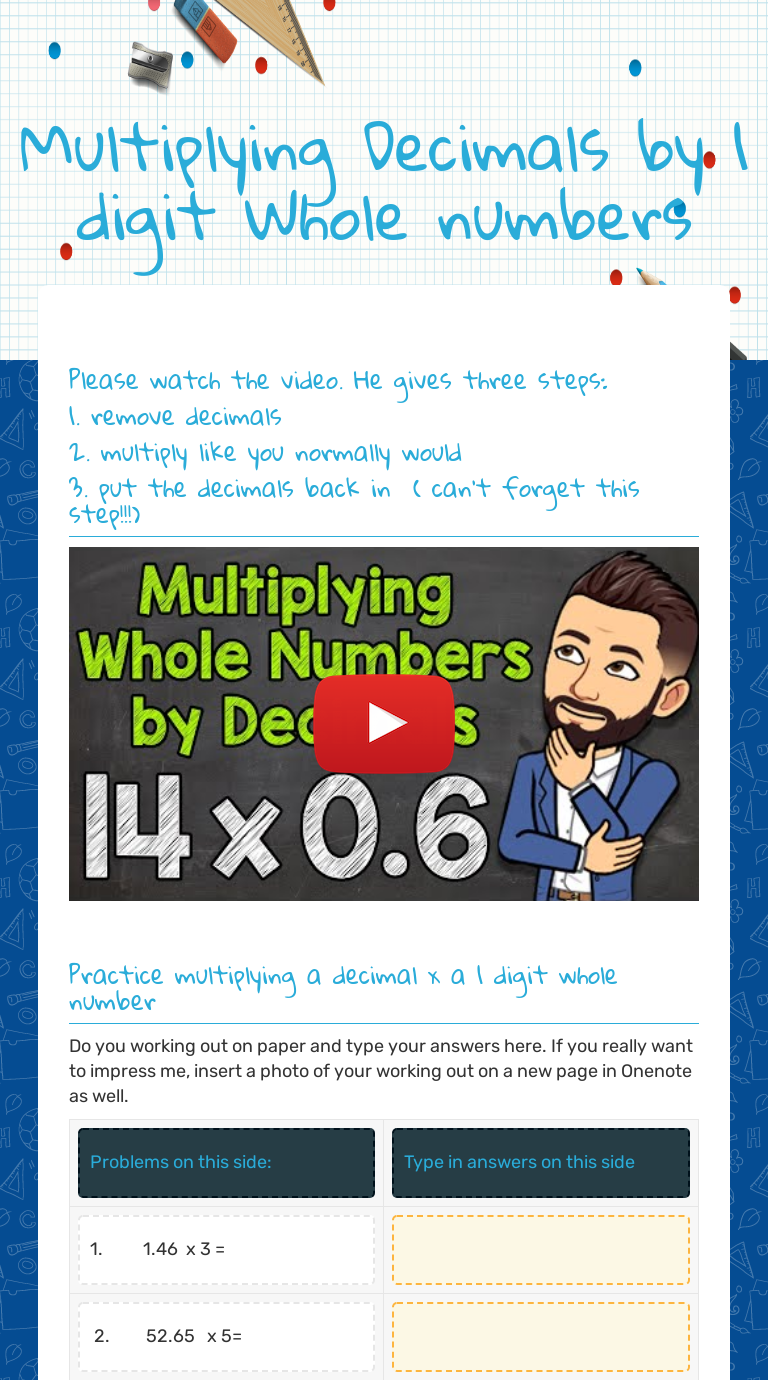 Multiplying Decimals by 1 digit Whole numbers worksheet preview image