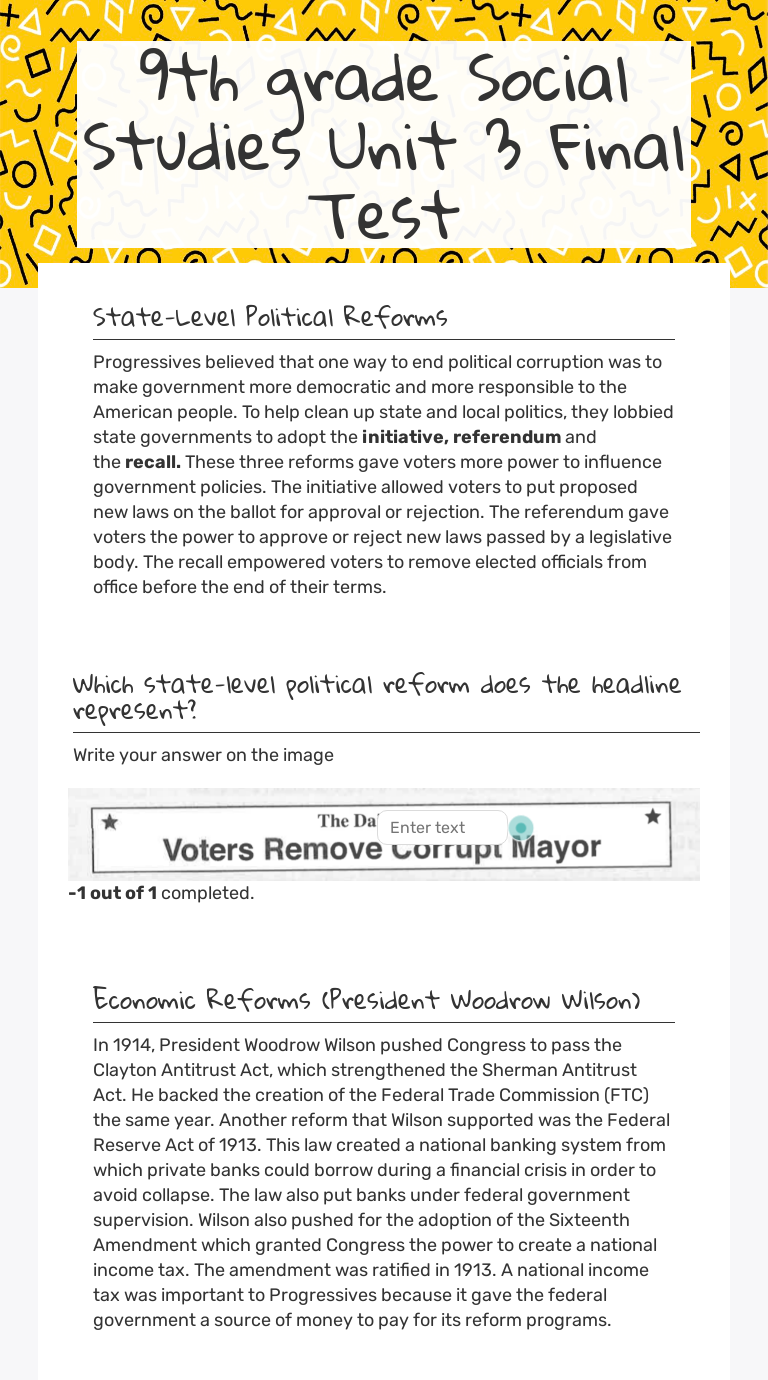 9th grade Social Studies Unit 3 Final Test Interactive Worksheet by