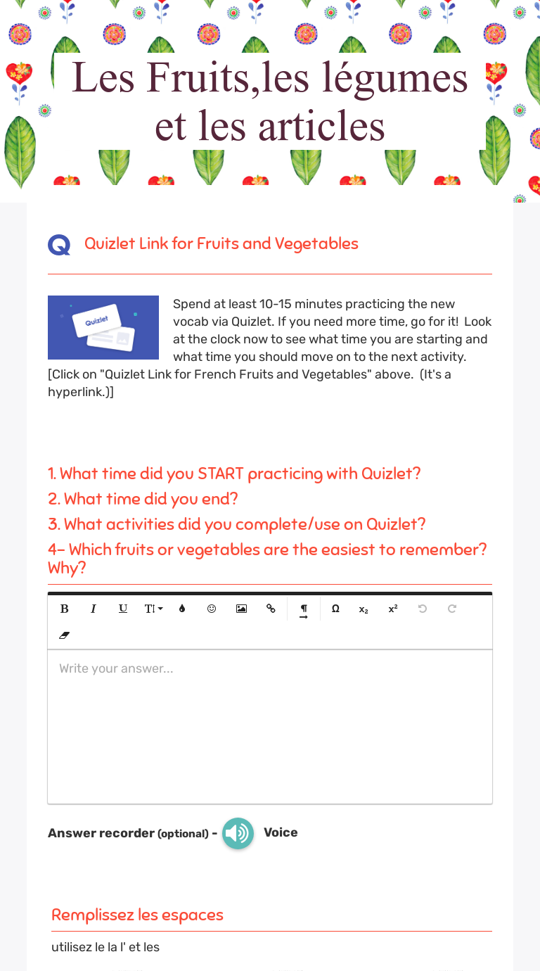 Les Fruits,les légumes et les articles Interactive Worksheet by Manda