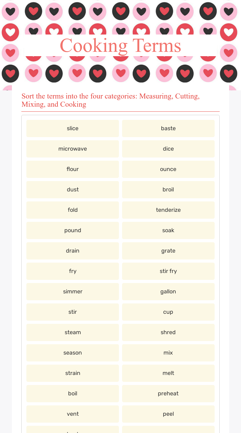 Cooking Terms Interactive Worksheet by Michele Beaty Wizer.me