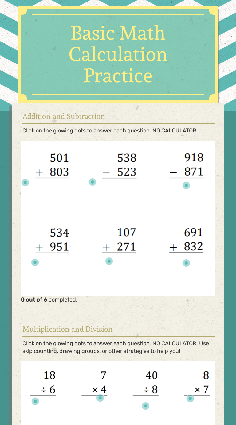 Basic Math Calculation Practice Interactive Worksheet by Mariah Dolan