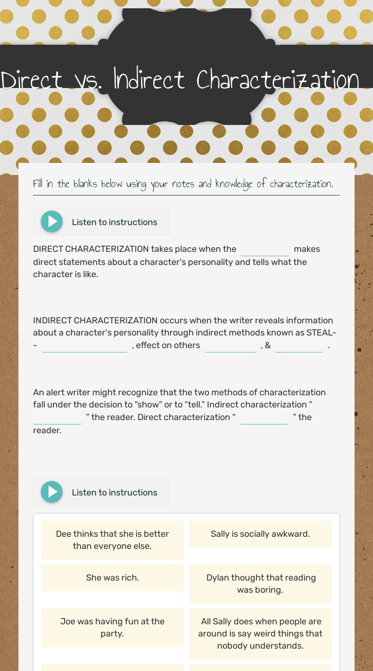 Direct vs. Indirect Characterization  Interactive Worksheet by Within Direct And Indirect Characterization Worksheet