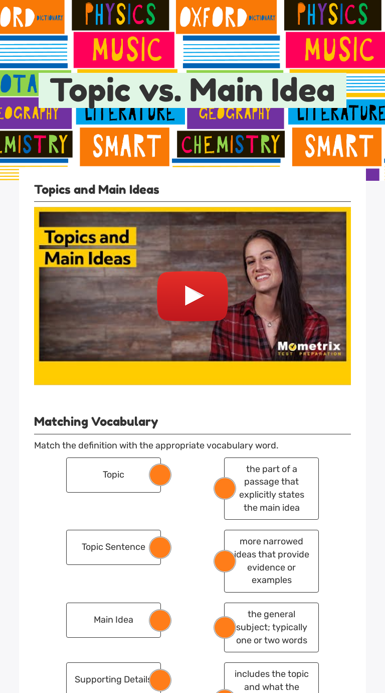 Topic vs. Main Idea Grade 6 worksheet preview
