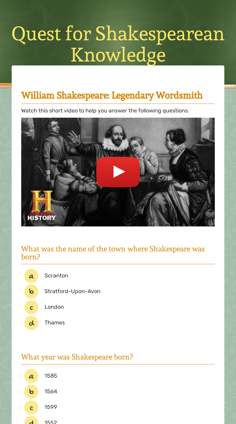 Quest for Shakespearean Knowledge | Interactive Worksheet by CAROL