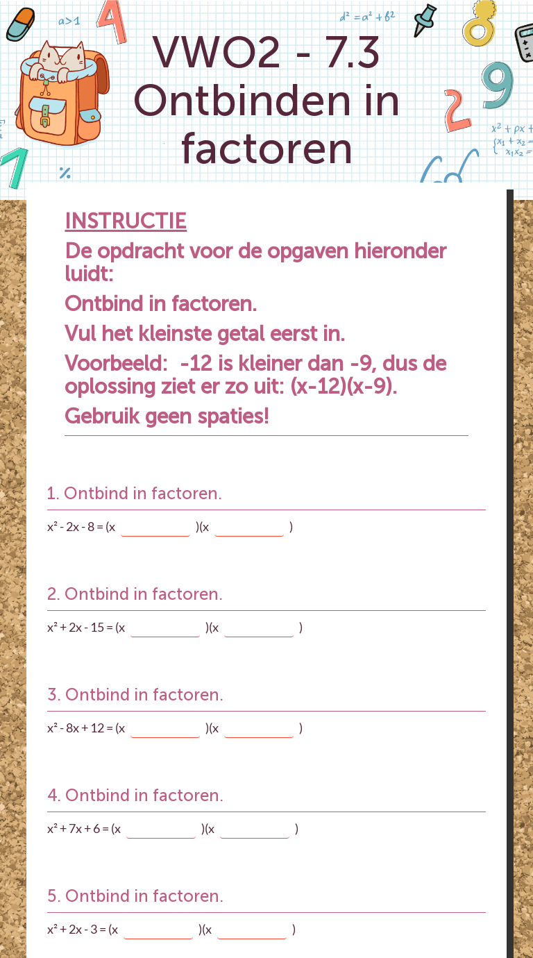 VWO2 - 7.3 Ontbinden in factoren worksheet preview image