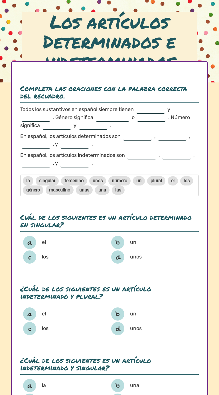 Los Art culos Determinados E Indeterminados Interactive Worksheet By