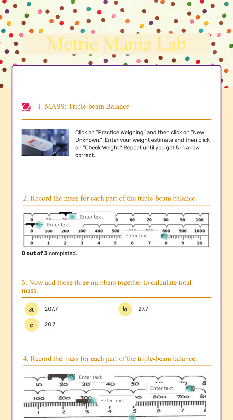 Metric Mania Lab  Interactive Worksheet by Jamie Nichols  Wizer.me Regarding Triple Beam Balance Practice Worksheet