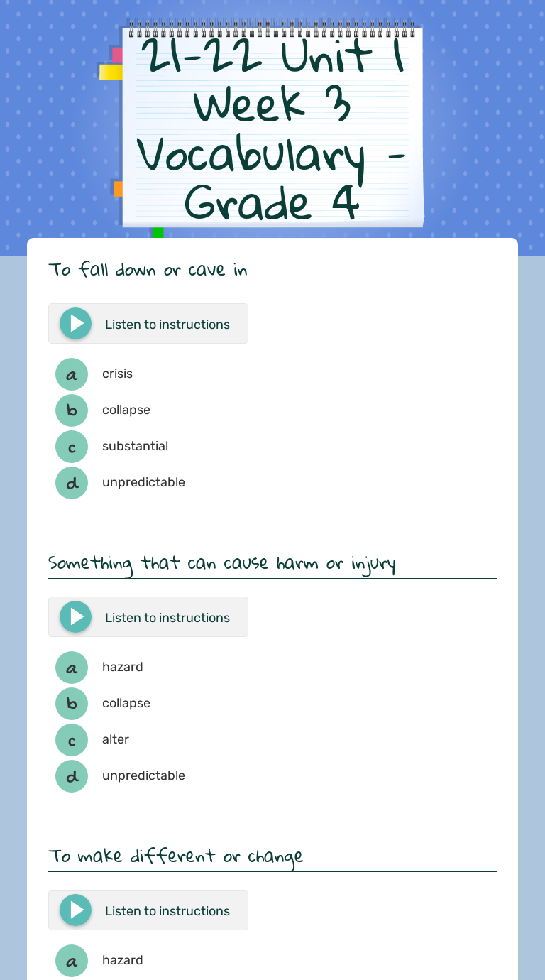 21-22 Unit 1 Week 3 Vocabulary - Grade 4 worksheet preview image