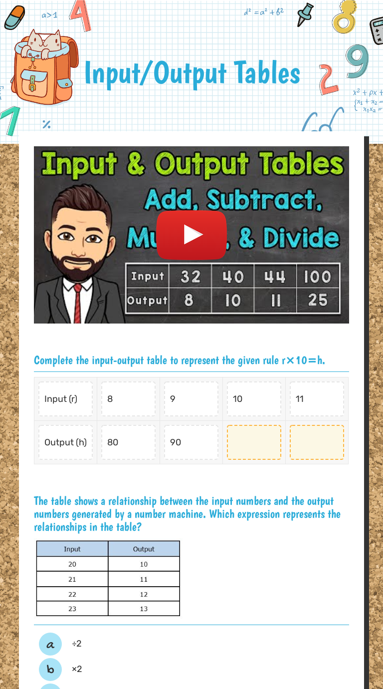 Input/Output Tables worksheet preview image