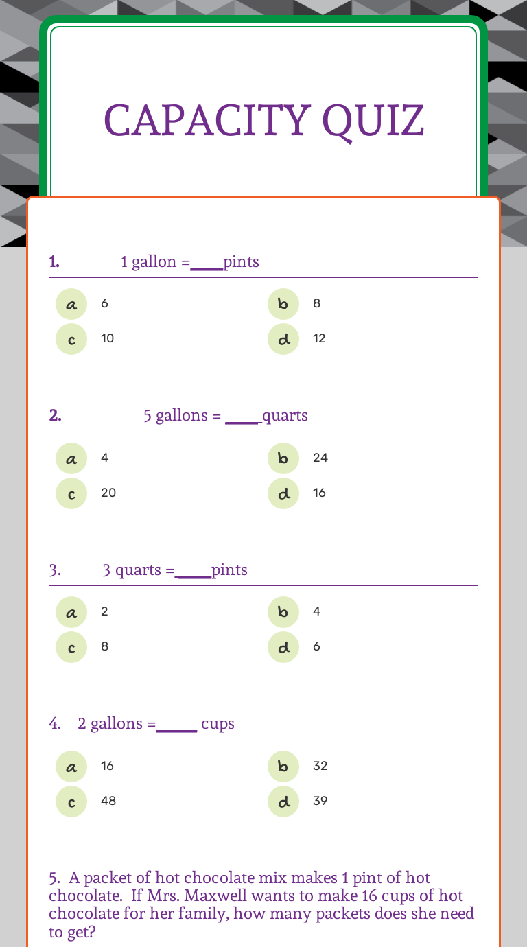 Capacity Quiz worksheet preview image