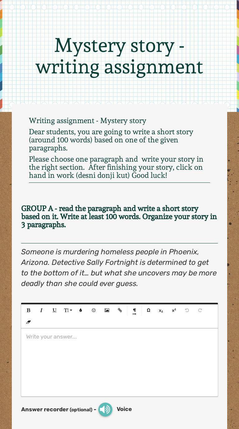 Mystery story - writing assignment  Interactive Worksheet by