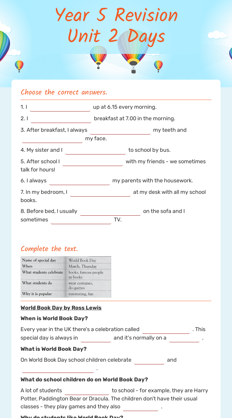 Year 5 Revision Unit 2 Days worksheet preview image