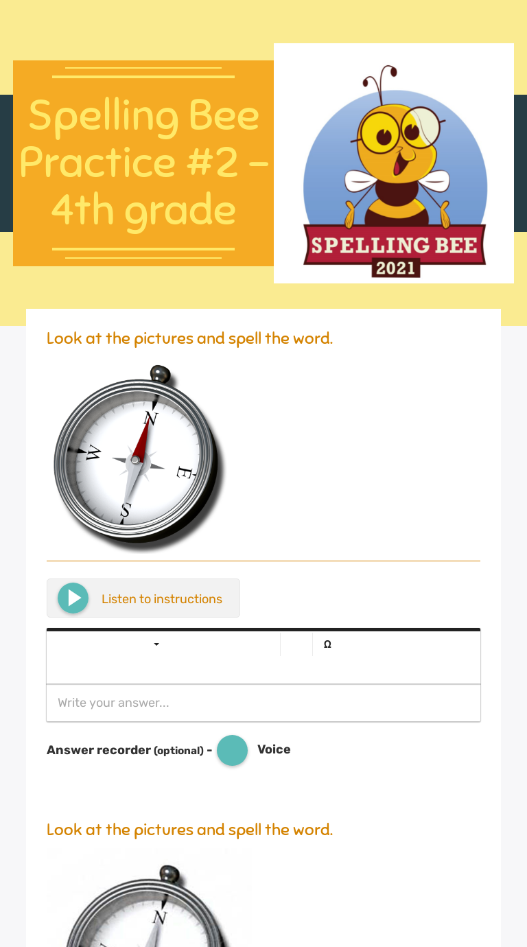 Spelling Bee 
Practice #2 - 
4th grade worksheet preview image