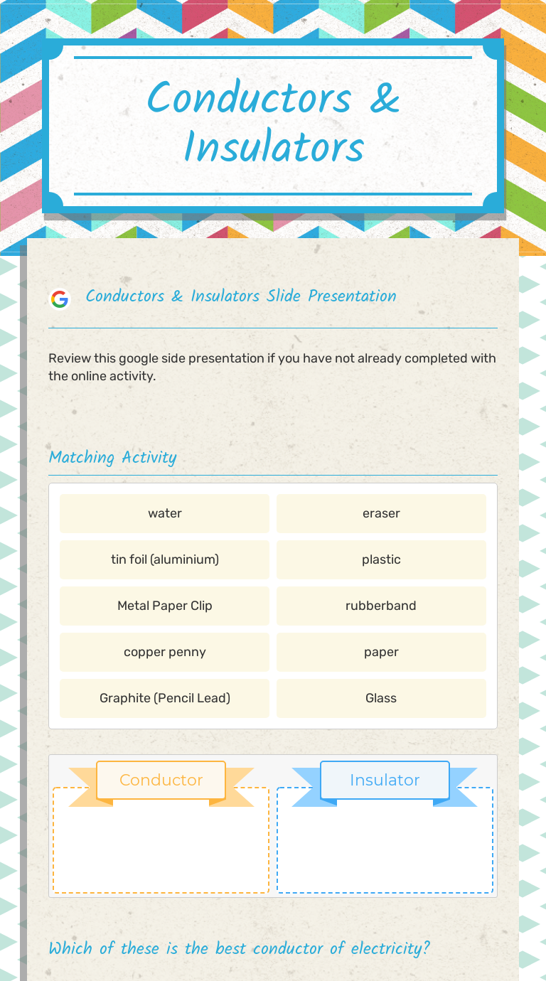 Conductors & Insulators  Interactive Worksheet by Lavina Bradshaw Inside Conductors And Insulators Worksheet