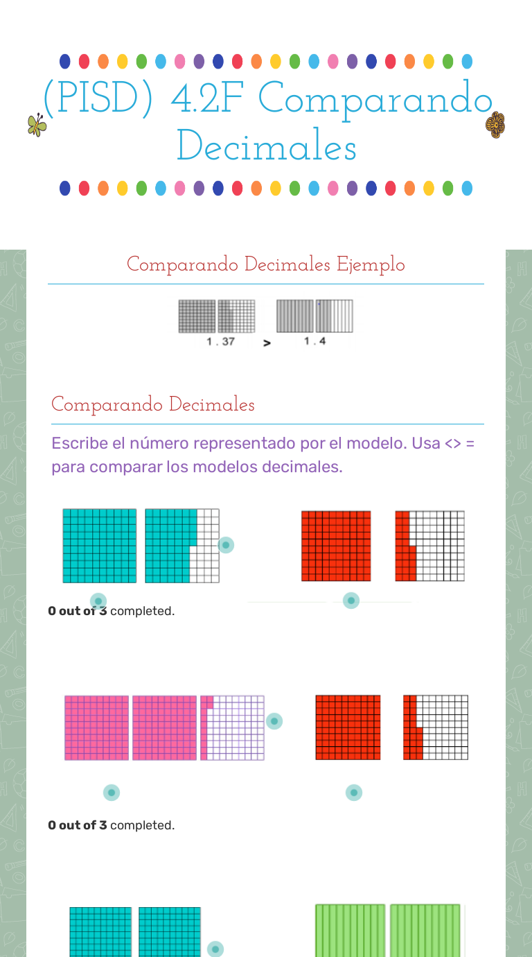 (PISD) 4.2F Comparando Decimales worksheet preview image
