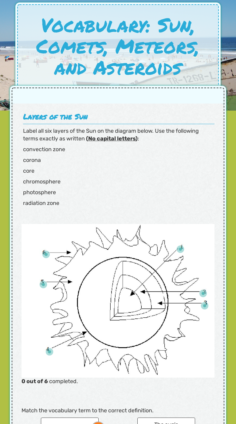 Vocabulary: Sun, Comets, Meteors, and Asteroids  Interactive Regarding Layers Of The Sun Worksheet