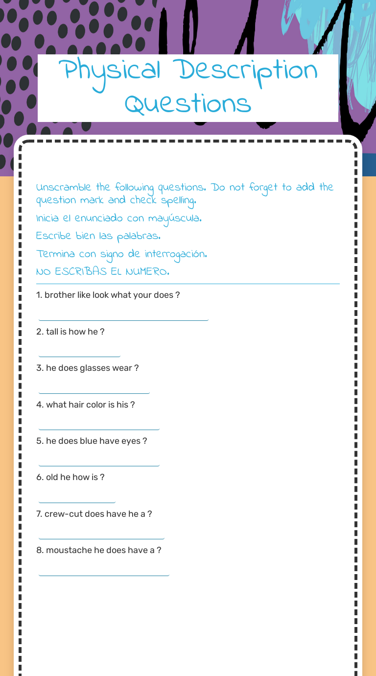 Physical Description Questions Other worksheet preview