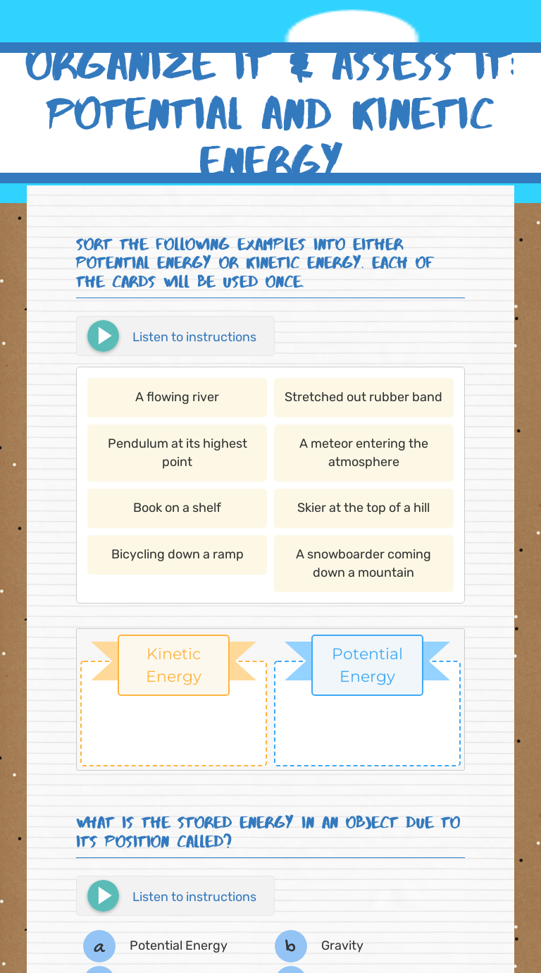 Organize it & Assess it: Potential and Kinetic Energy Grade 6 worksheet preview