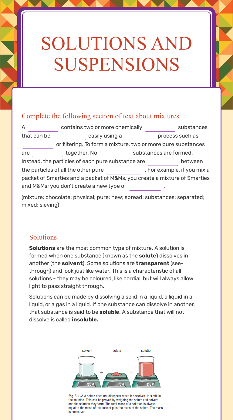 Solutions and suspensions  Interactive Worksheet by Kate Smith Inside Solutions Colloids And Suspensions Worksheet