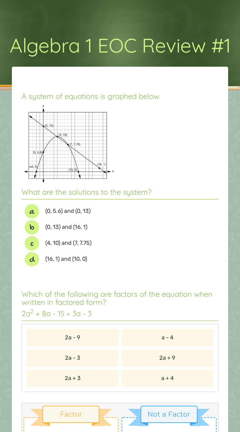 Algebra 1 EOC Review #1 | Interactive Worksheet By Karen Ridge | Wizer.me