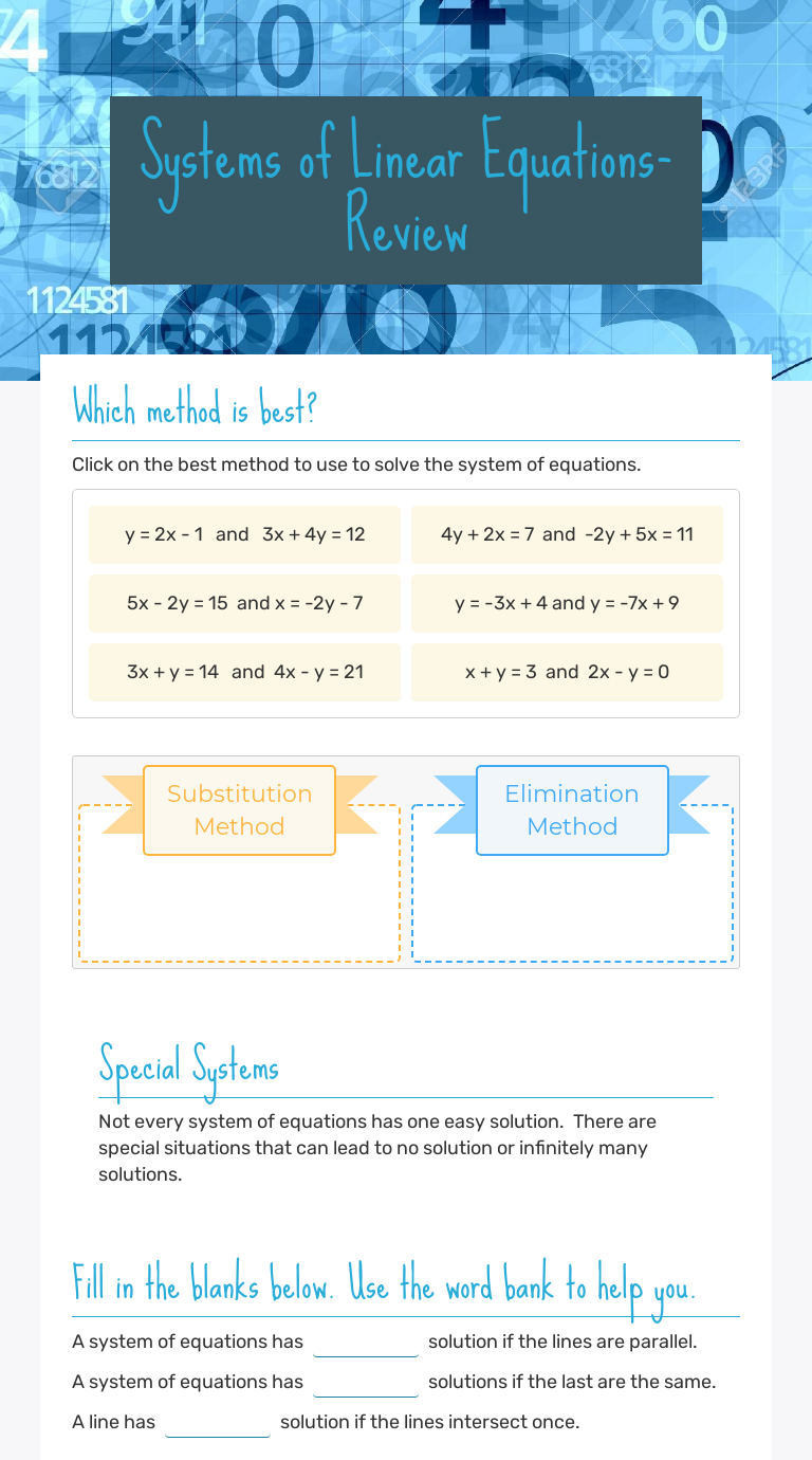 Systems of Linear Equations-Review  Interactive Worksheet by Intended For Systems Of Equations Review Worksheet