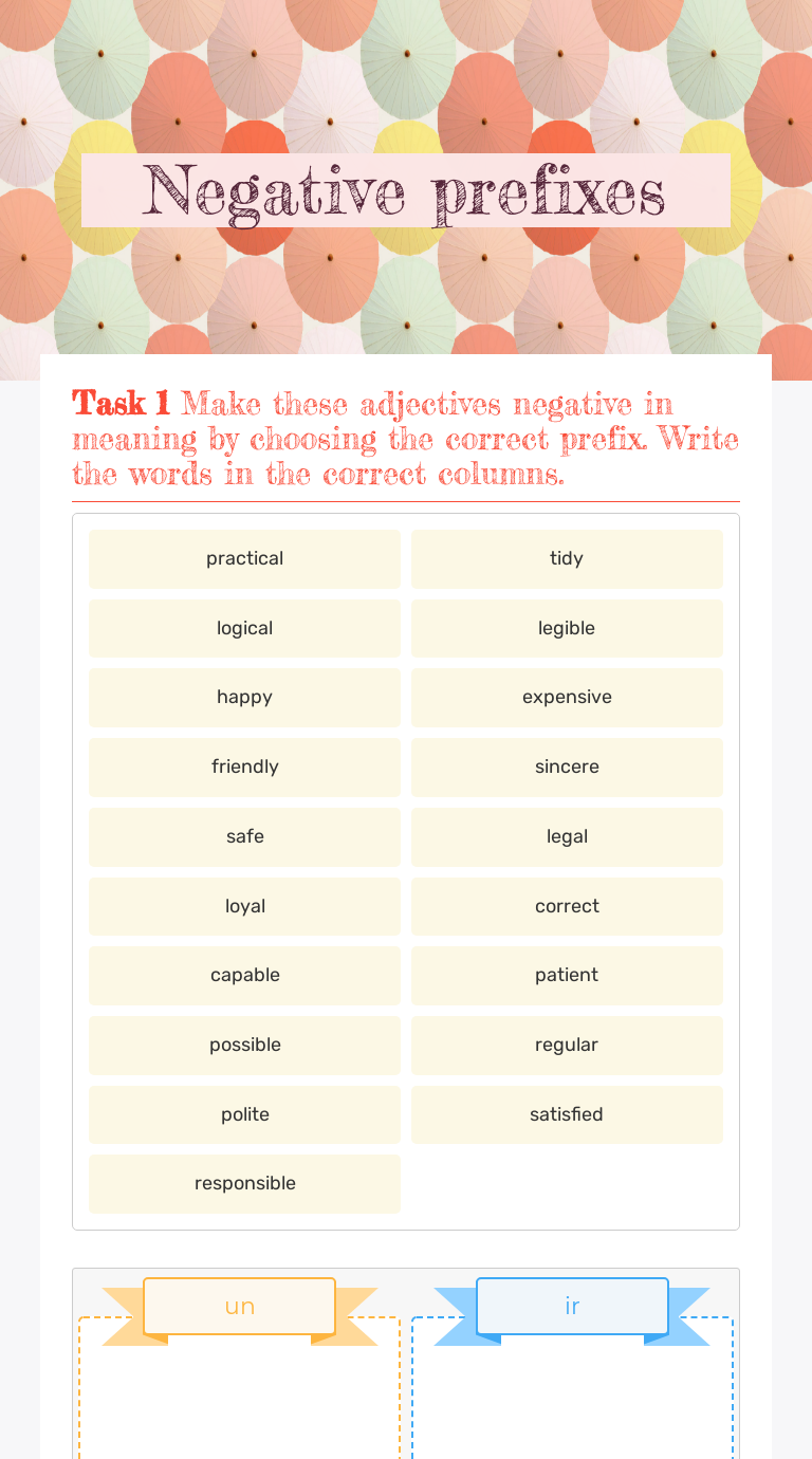 Negative prefixes | Interactive Worksheet by Pilar Teixidó | Wizer.me