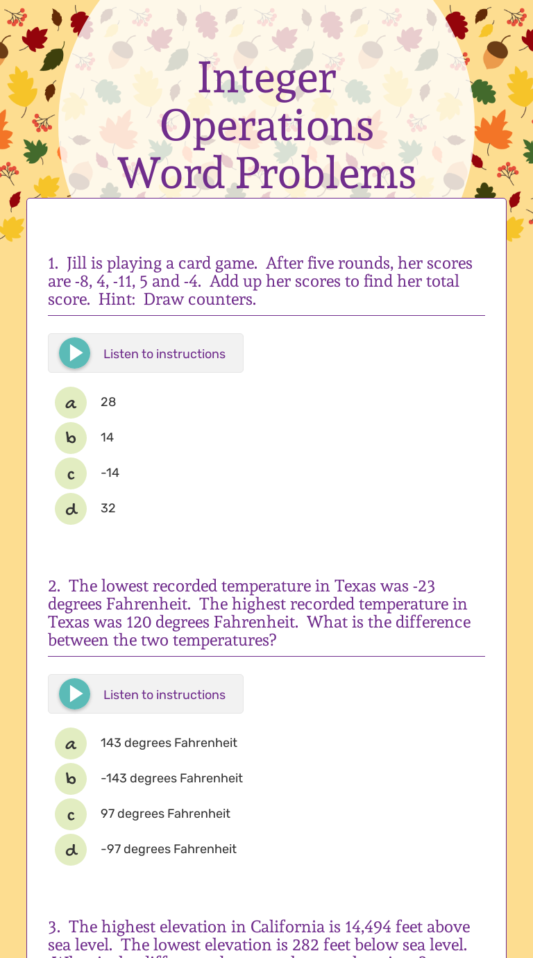 Integer Operations Word Problems Grade 6 worksheet preview