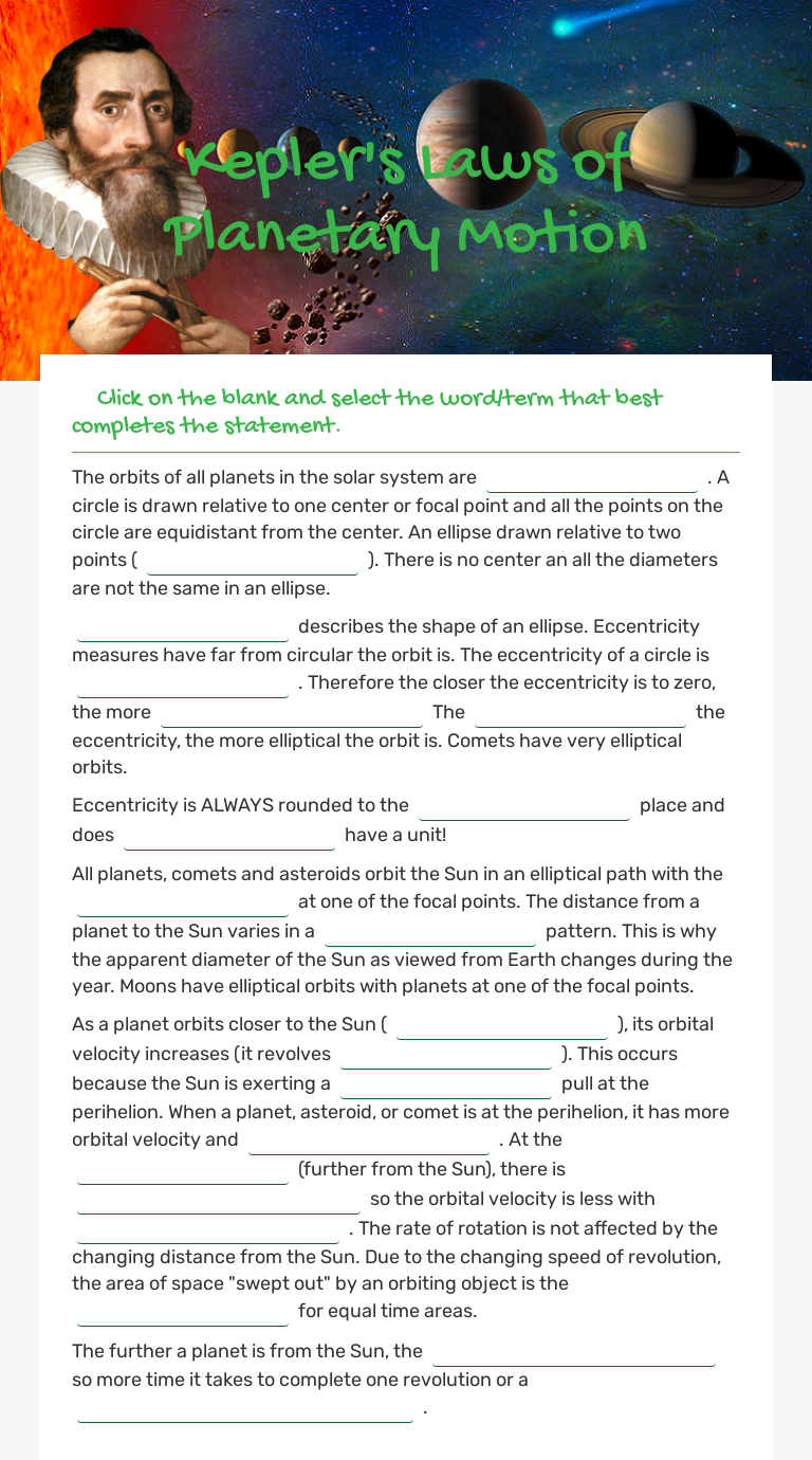 Kepler's Laws of Planetary Motion | Interactive Worksheet by ELIZABETH ...