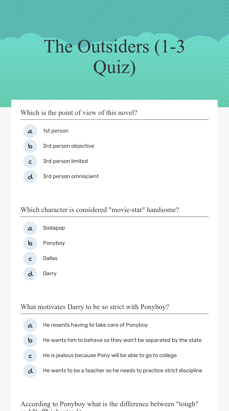 The Outsiders (1-3 Quiz) | Interactive Worksheet By Kendra N Ramm ...