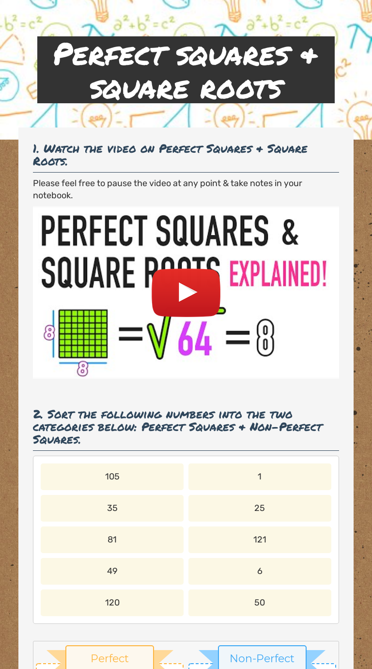 Perfect squares & square roots  Interactive Worksheet by Nichole With Regard To Squares And Square Roots Worksheet
