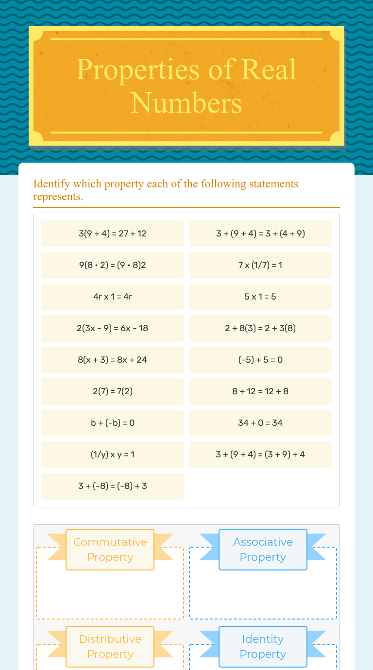 Properties of Real Numbers  Interactive Worksheet by Katelyn Lee Pertaining To Properties Of Real Numbers Worksheet