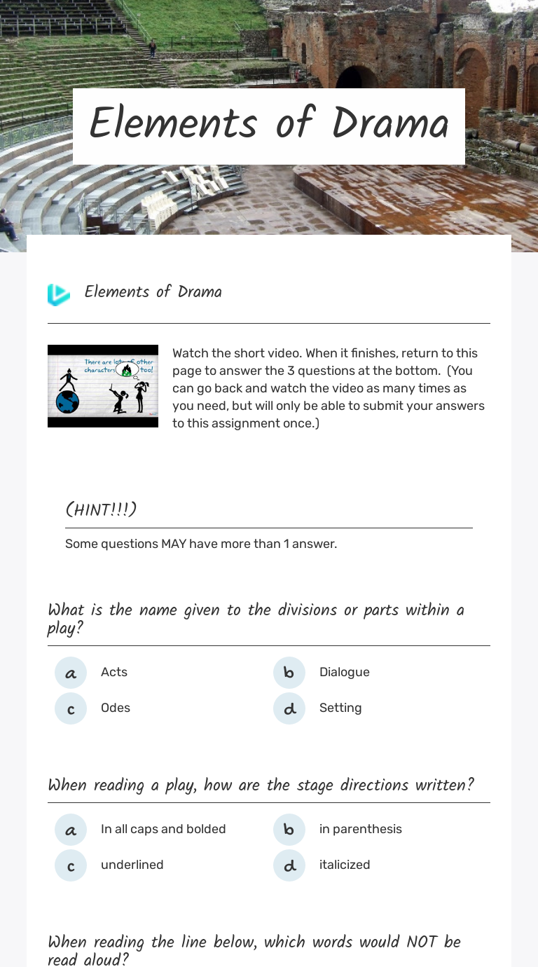 Elements Of Drama Worksheet