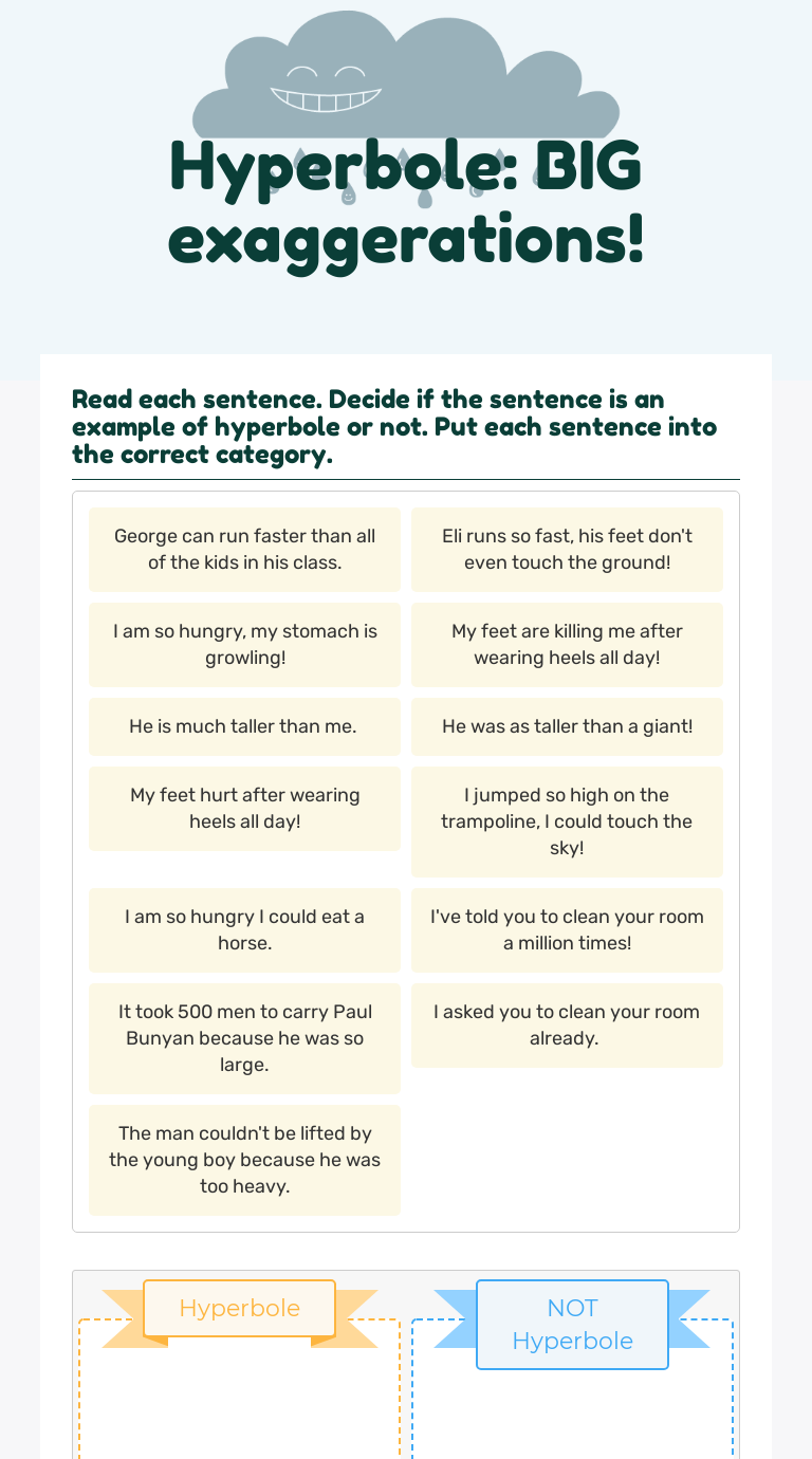 Hyperbole Big Exaggerations Interactive Worksheet By Denise Bingham Wizer Me